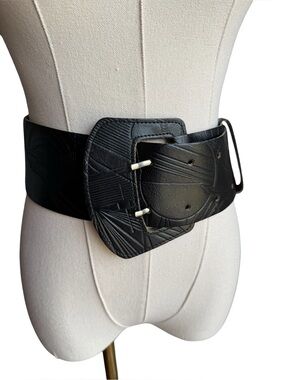 Vintage 80s Wide Black Leather Waist Belt Italian Embossed Geometric Statement